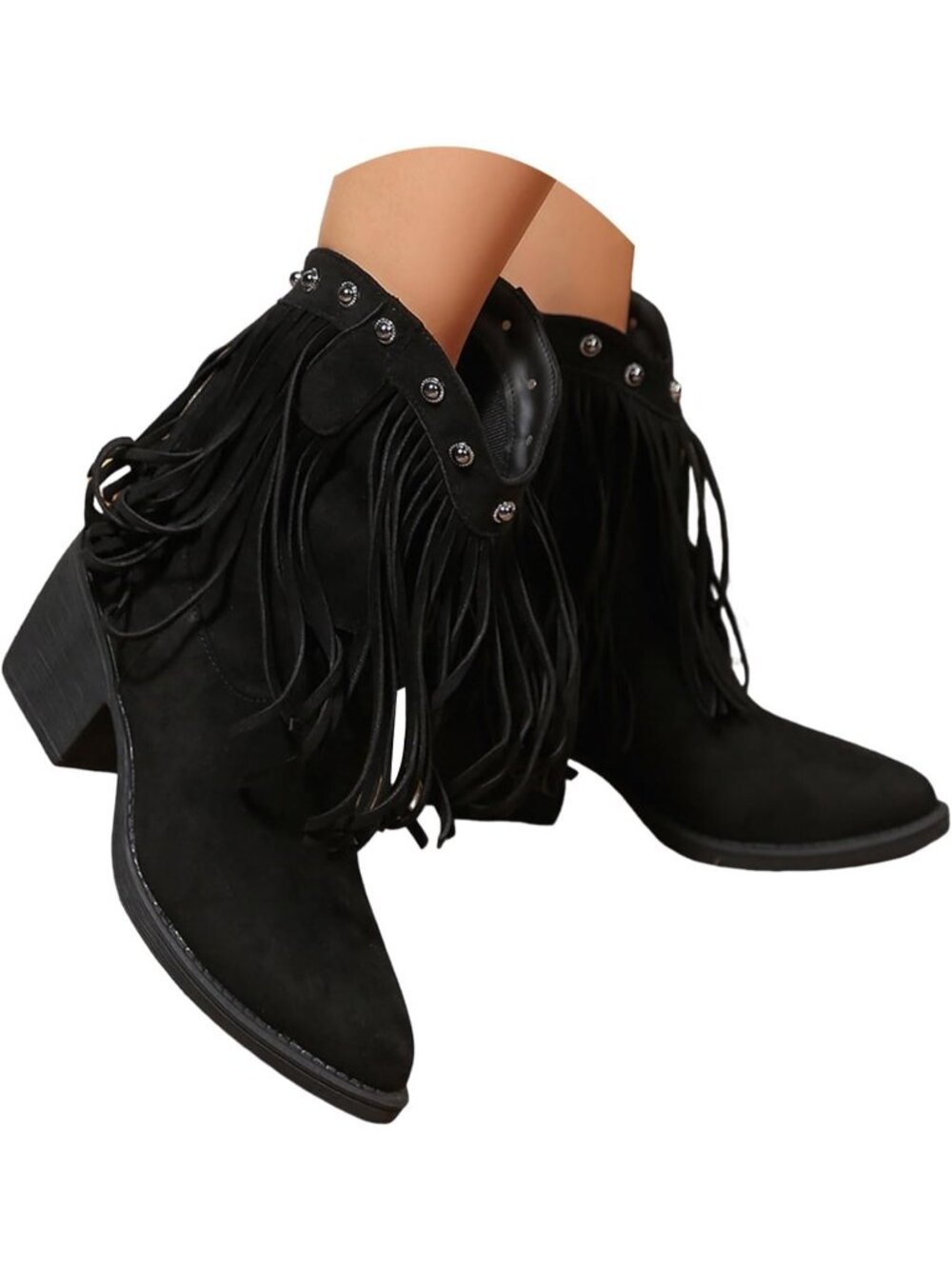 Women’s Black Suede Ankle Cowboy Boots Studded Tassel Round Toe Chunky Heel